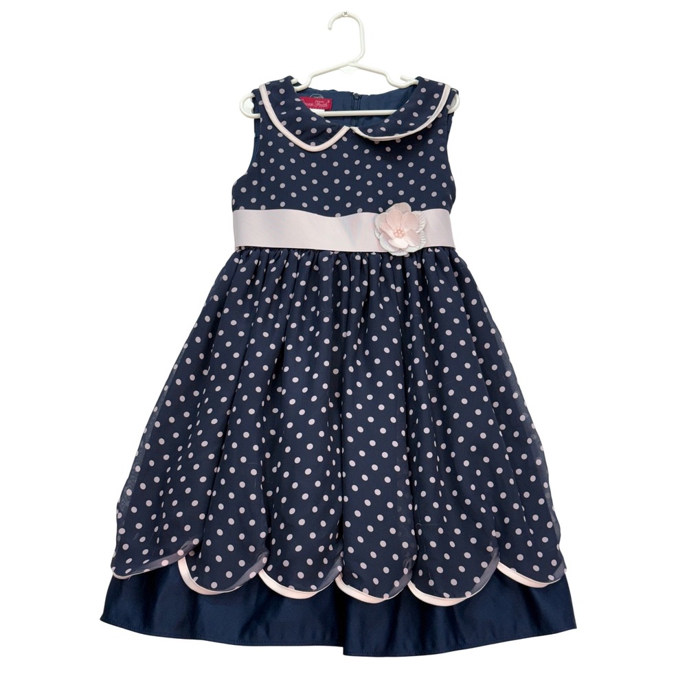 Princess Faith Polka Dot Dress Girls 7 Navy Pink Peter Pan Collar Flower Party